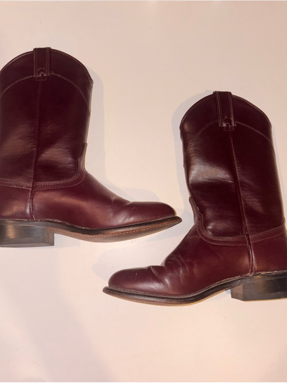 Laredo Western Roper Boots 6.5 M Burgundy Leather Made in USA Cowboy Boots